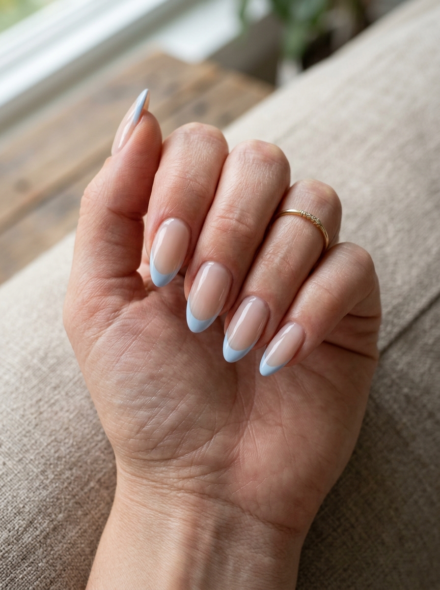 Baby Blue French - almond french tip nails