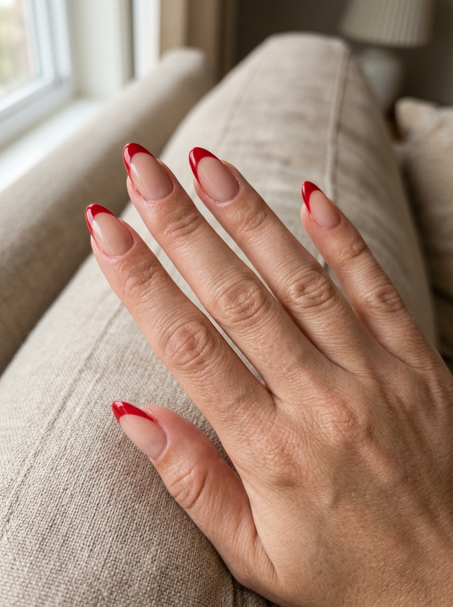 Red French - almond french tip nails