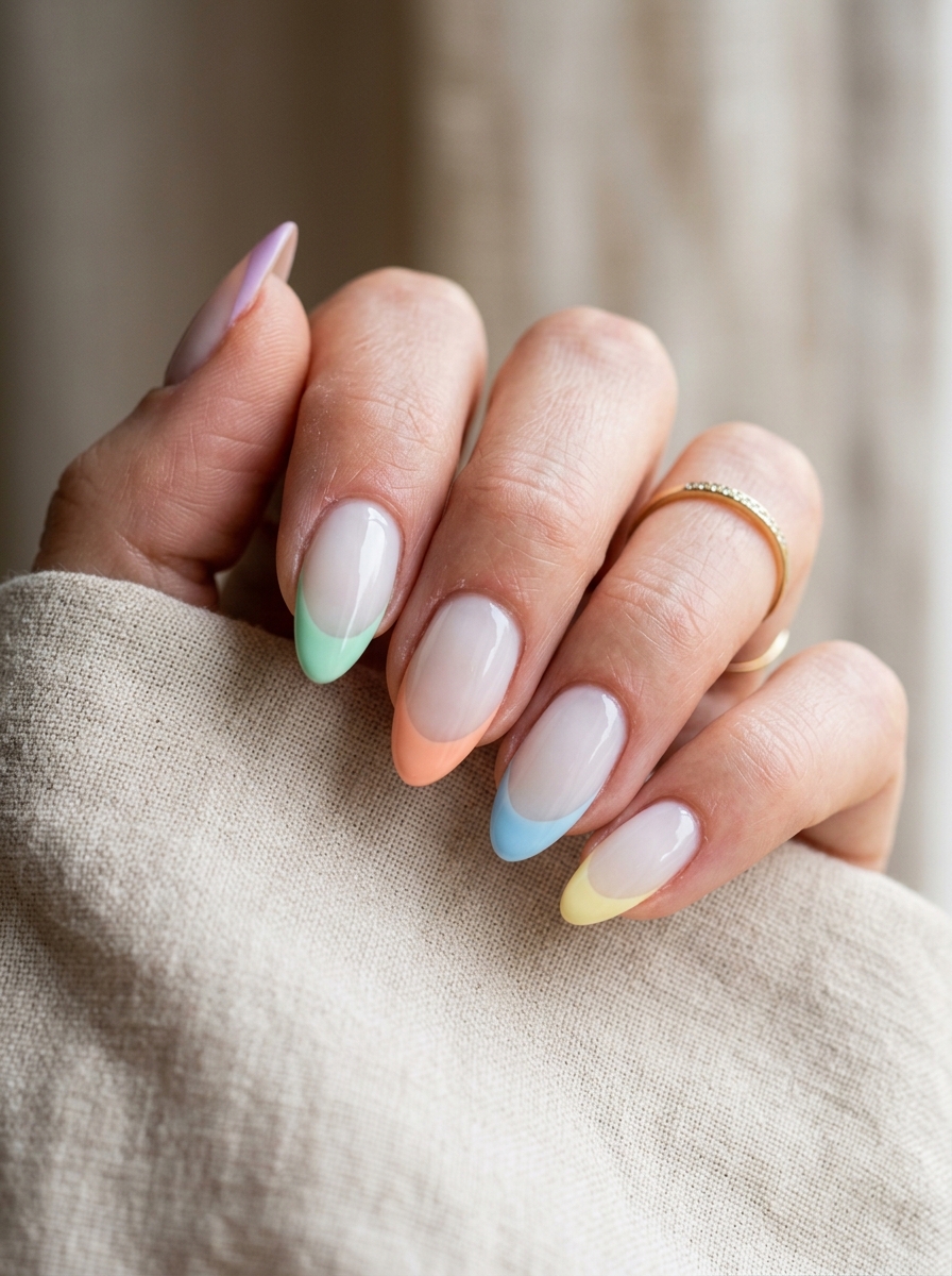 Pastel Rainbow Tips - almond french tip nails
