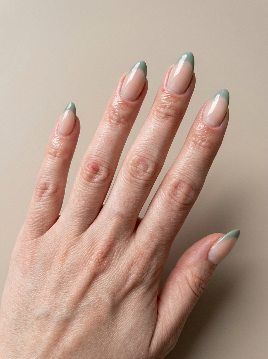 Sage Green French - almond french tip nails