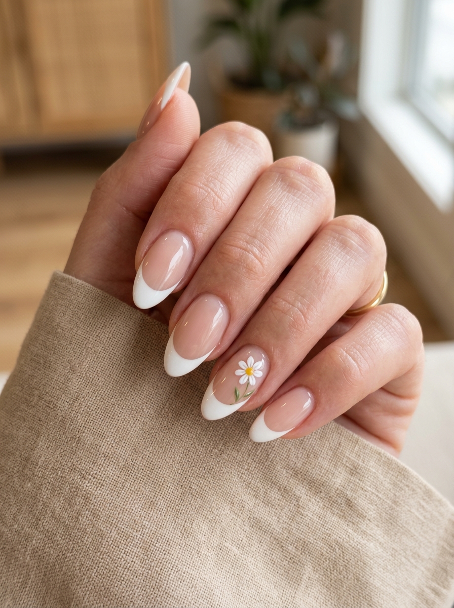 Floral Accent French - almond french tip nails
