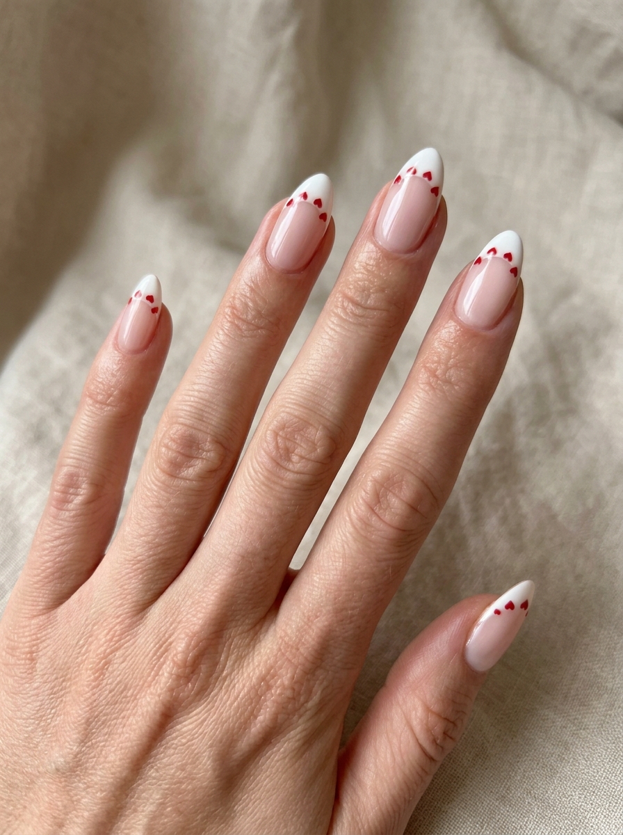 French with Micro Hearts - almond french tip nails