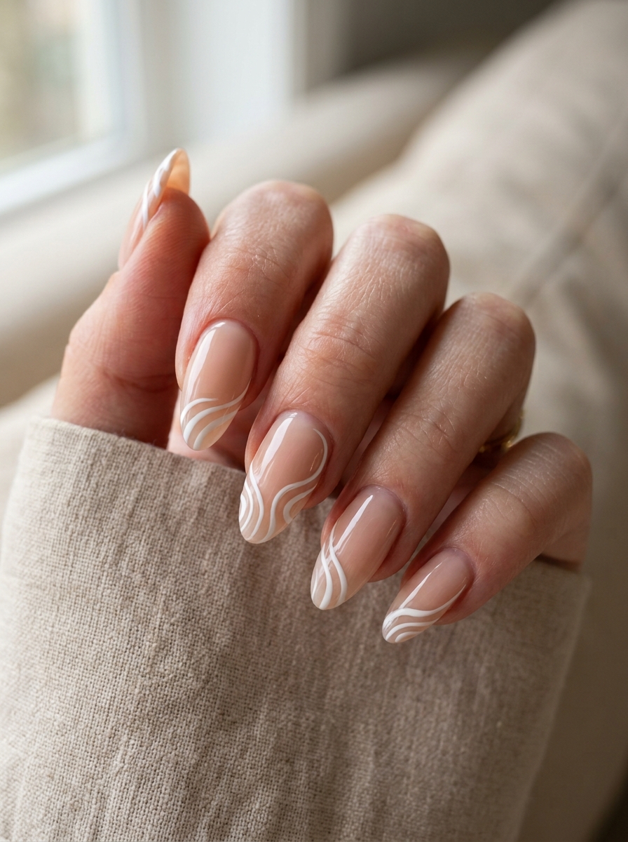 Swirl French - almond french tip nails