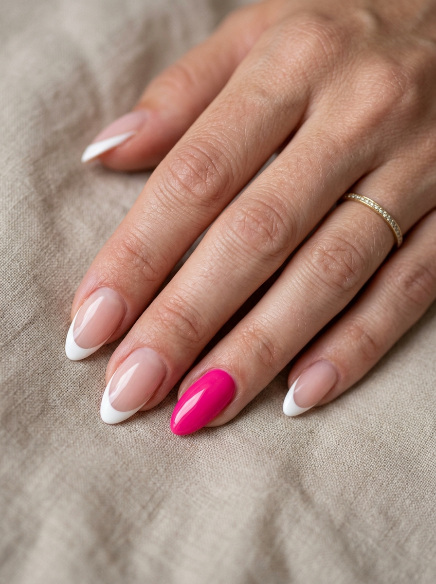 French with a Money Piece - almond french tip nails