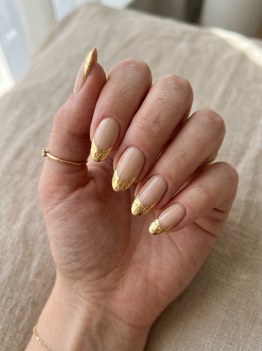 Gold Foil French - almond french tip nails