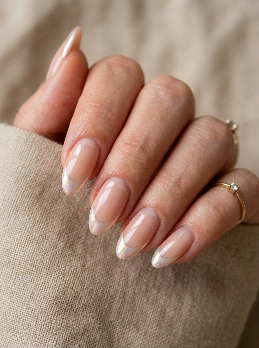 Pearl Chrome French - almond french tip nails