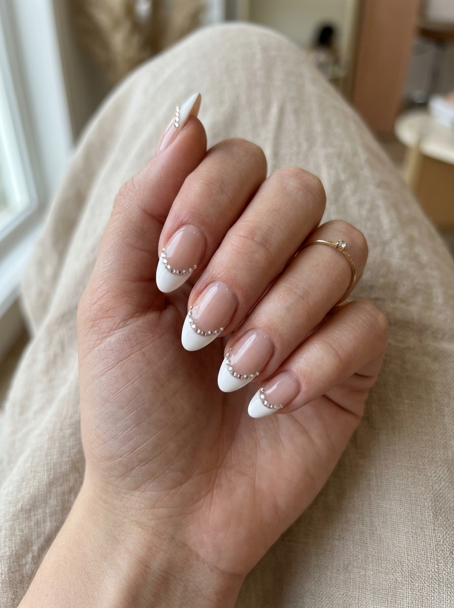 Rhinestone French - almond french tip nails
