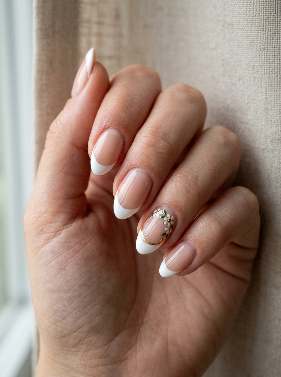 Short French with One Accent - almond french tip nails