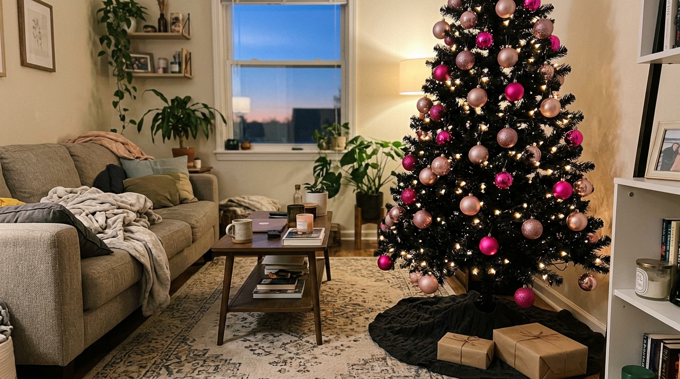 Black Tree With Pink Ornaments