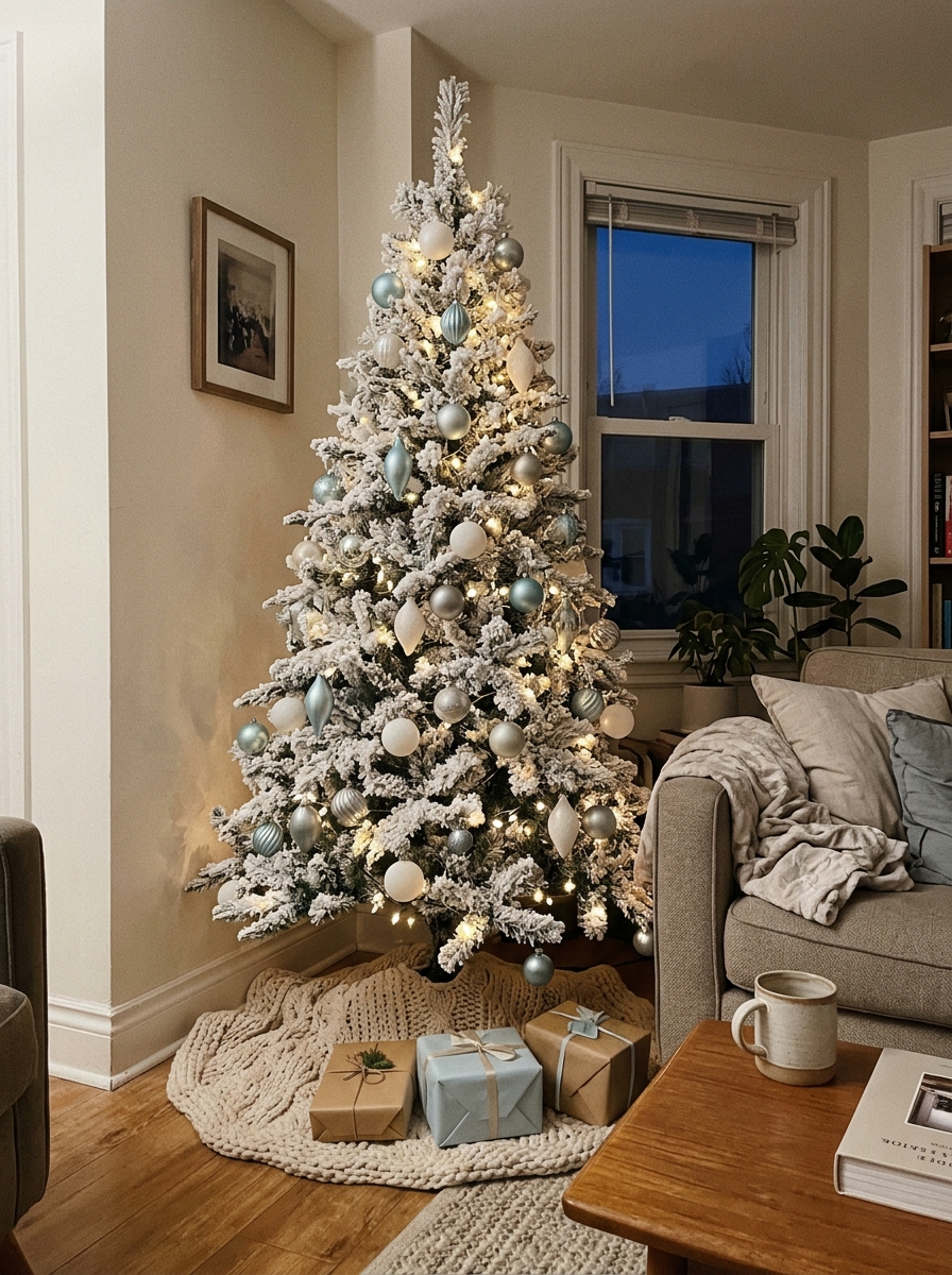 Flocked Tree With Blue Ornaments