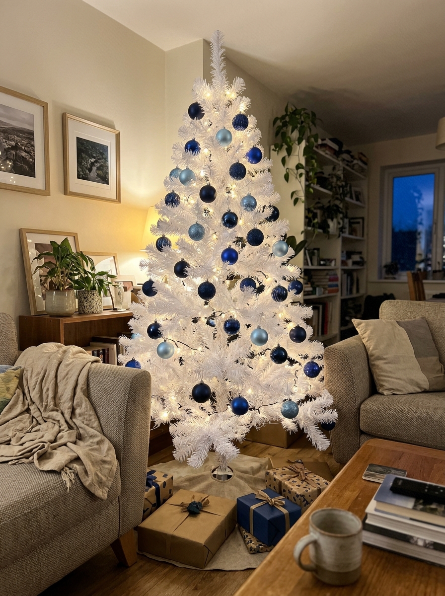 White Tree With Blue Ornaments