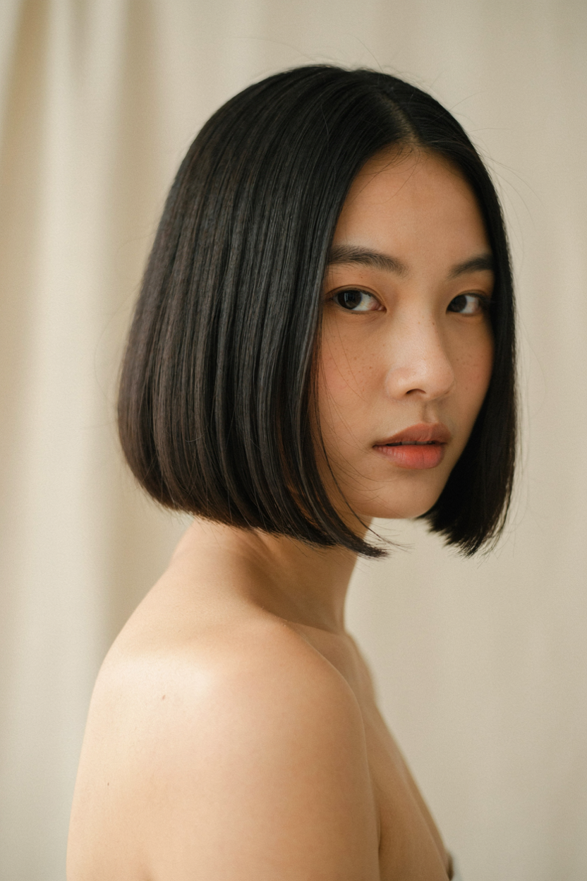 Blunt chin-length bob on fine, thin hair