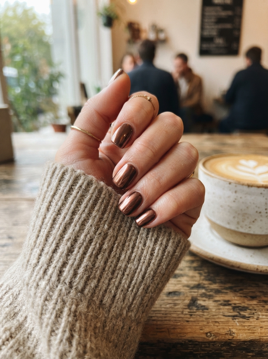 Short Chocolate Chrome Squoval Nails chocolate chrome nails