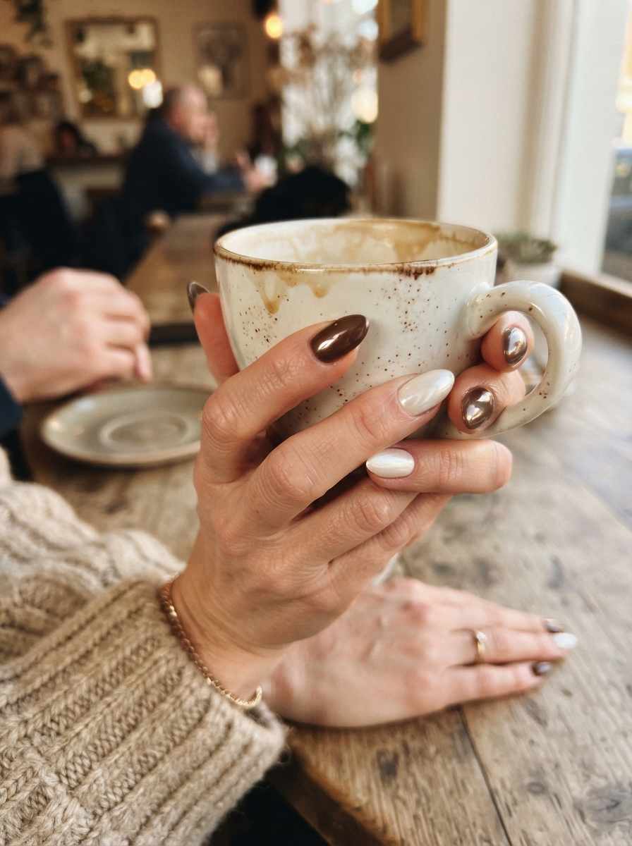 Hot Chocolate Nails with Cream Accent chocolate chrome nails