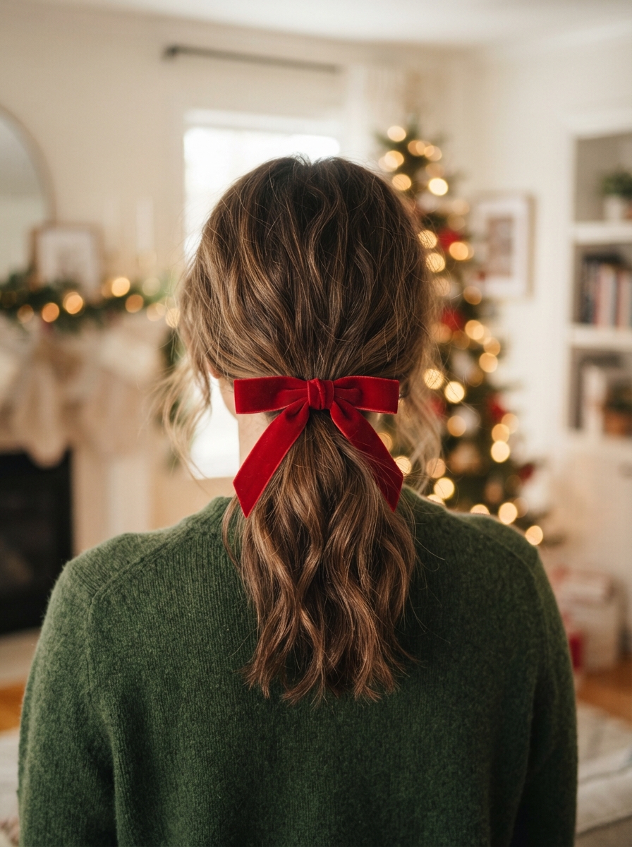 Low ponytail with a velvet bow Christmas hairstyle