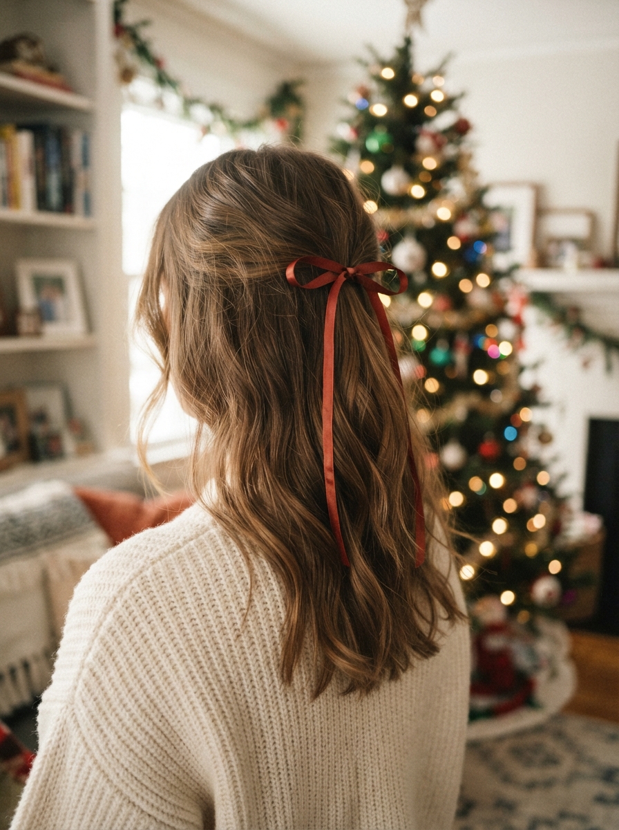 Half-up with a red ribbon Christmas hairstyle