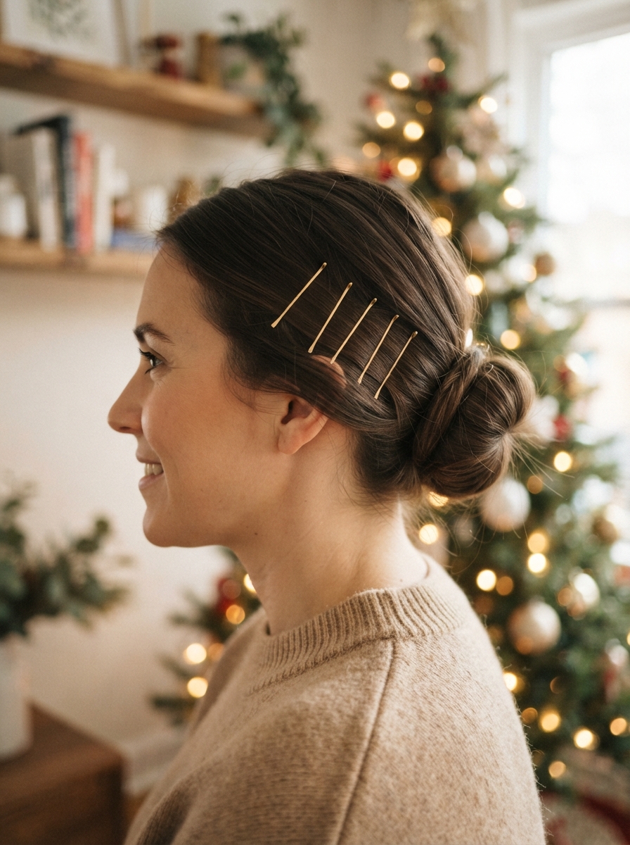 Sleek low bun with gold pins Christmas hairstyle