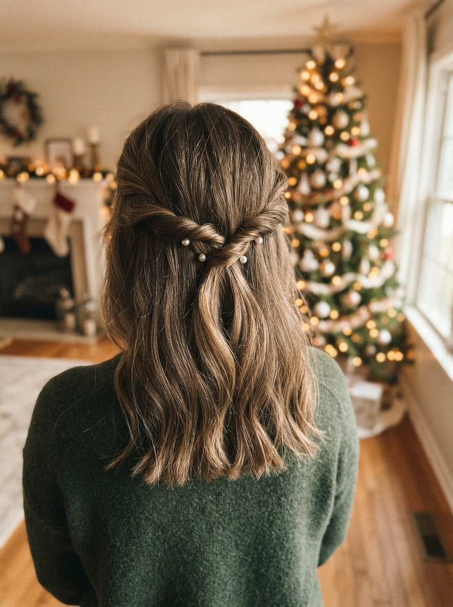 Twisted crown with pearl pins Christmas hairstyle