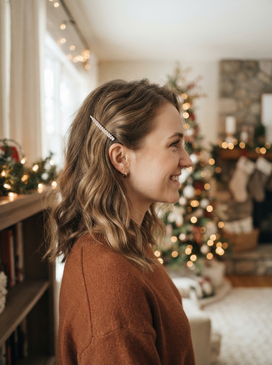 Soft waves with a sparkly side clip Christmas hairstyle
