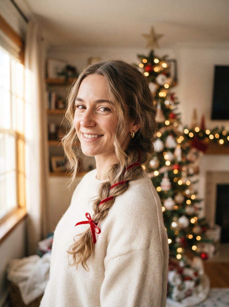 Side braid with a ribbon woven in Christmas hairstyle