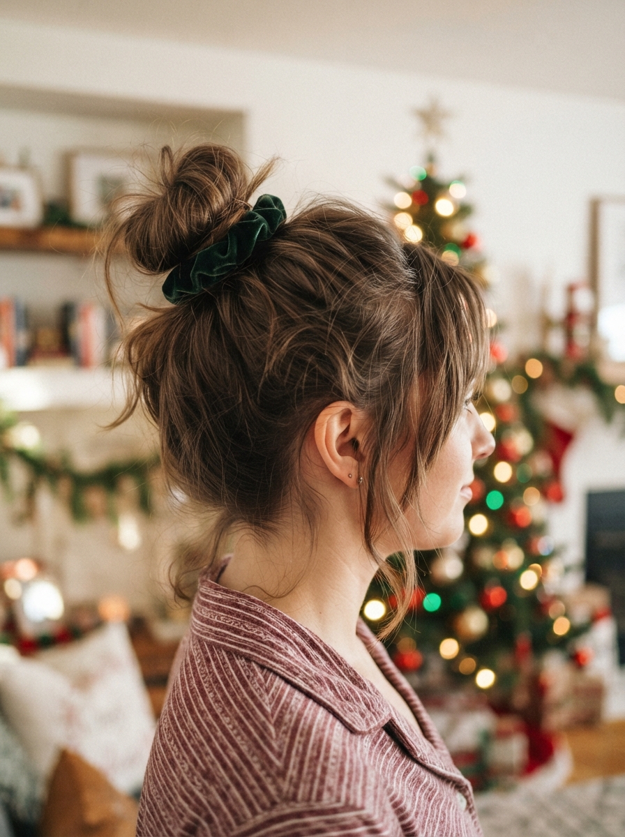 Messy top knot with a scrunchie Christmas hairstyle