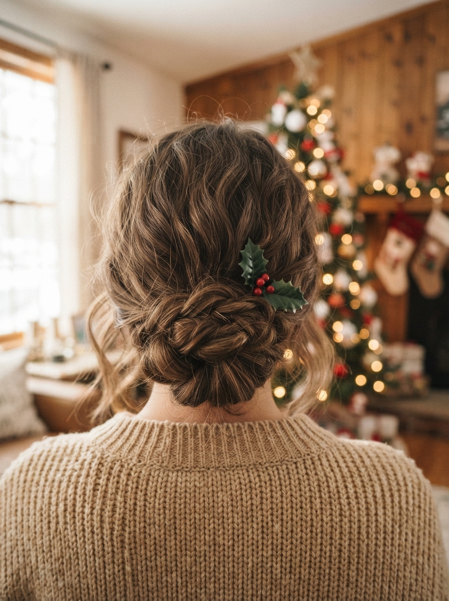 Low chignon with a sprig accent Christmas hairstyle