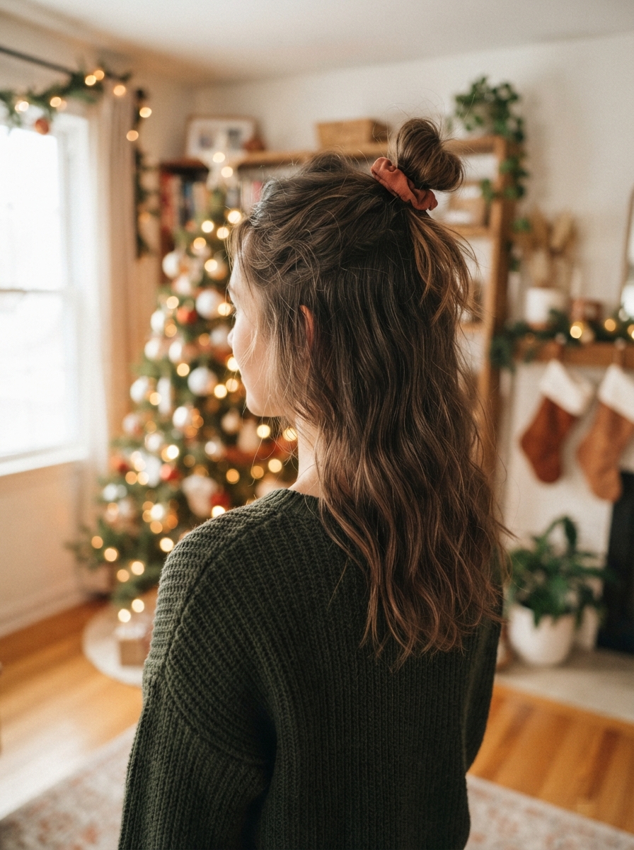Half-up top knot Christmas hairstyle