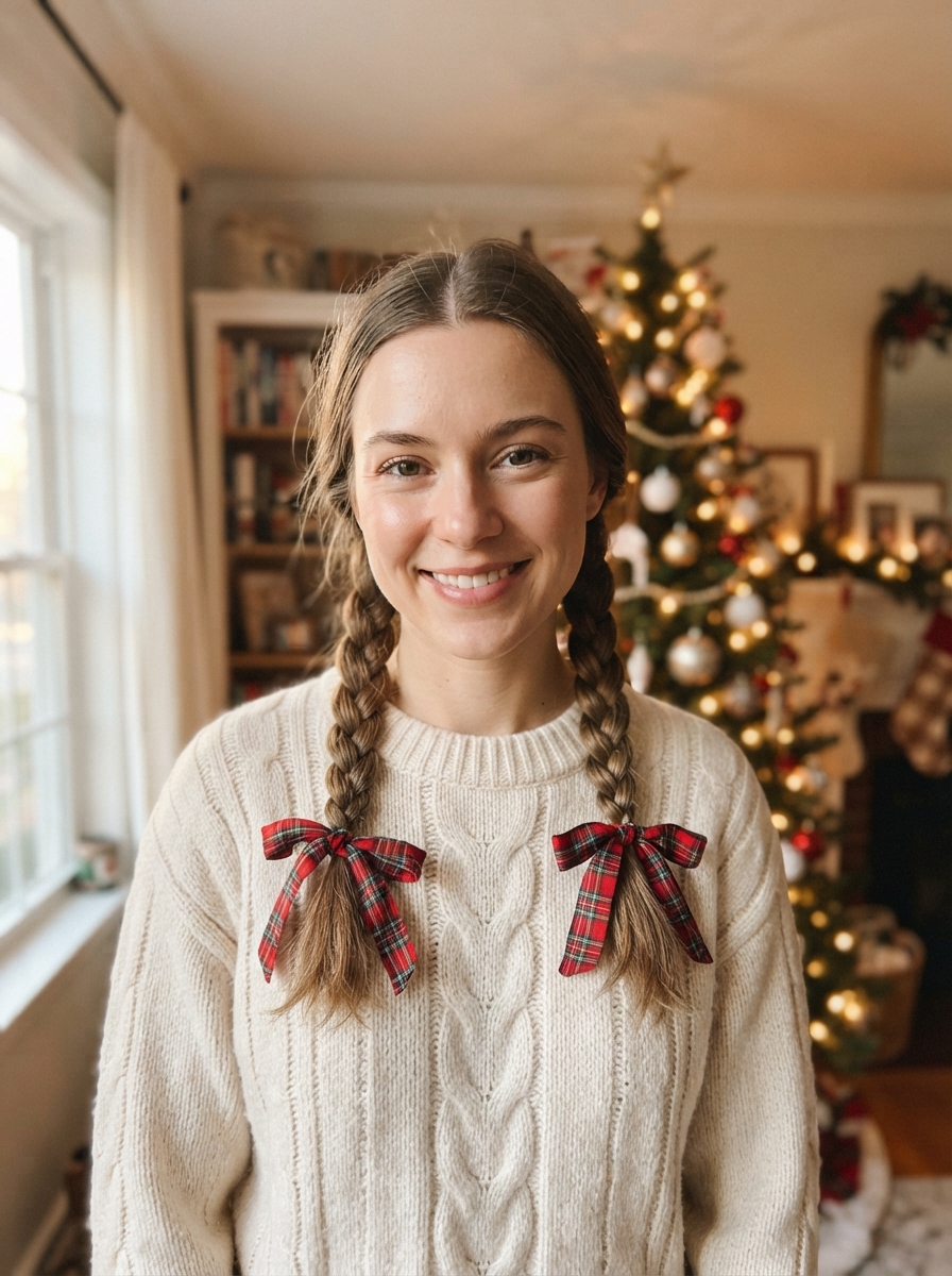 Double braids with ribbon ends Christmas hairstyle