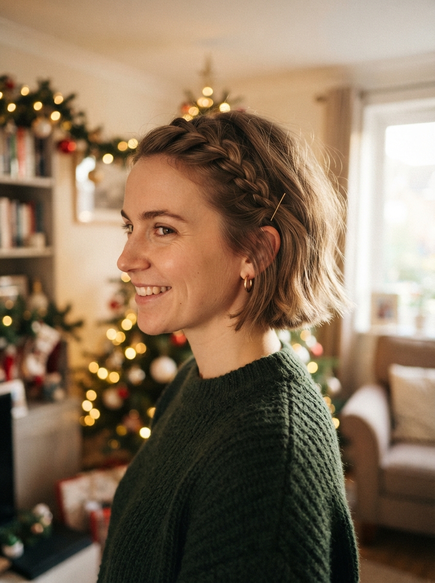 Braided crown for short hair Christmas hairstyle