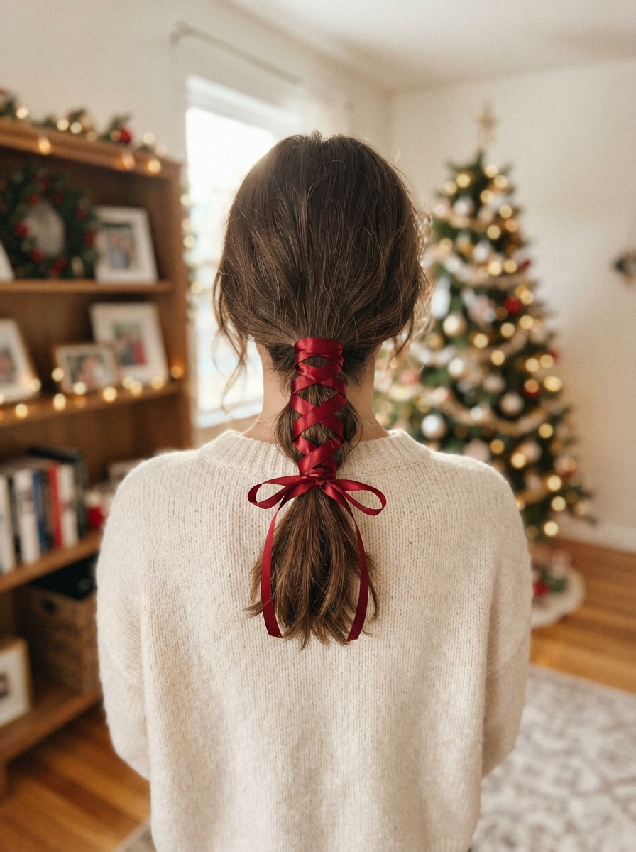 Low ponytail wrapped in ribbon Christmas hairstyle