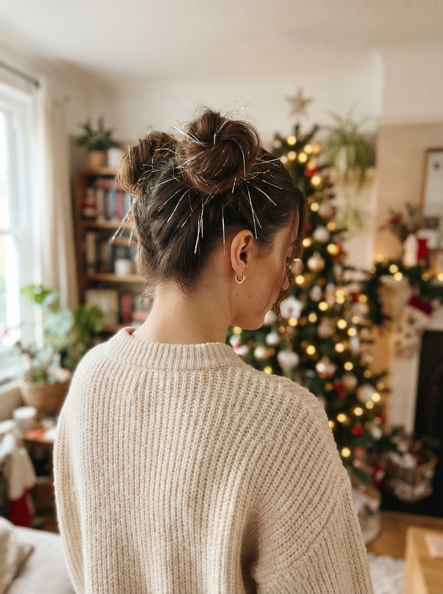 Space buns with tinsel Christmas hairstyle