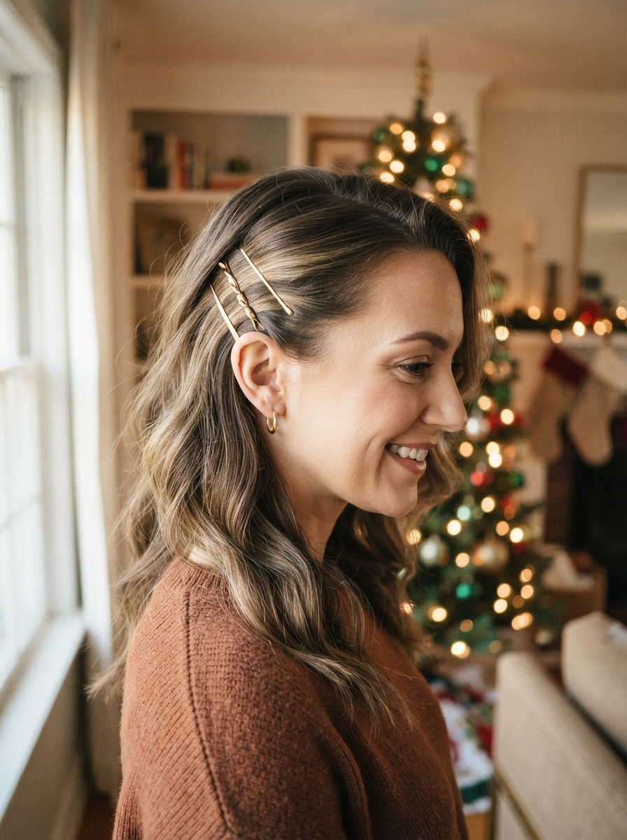 Side-swept waves with a pinned side Christmas hairstyle