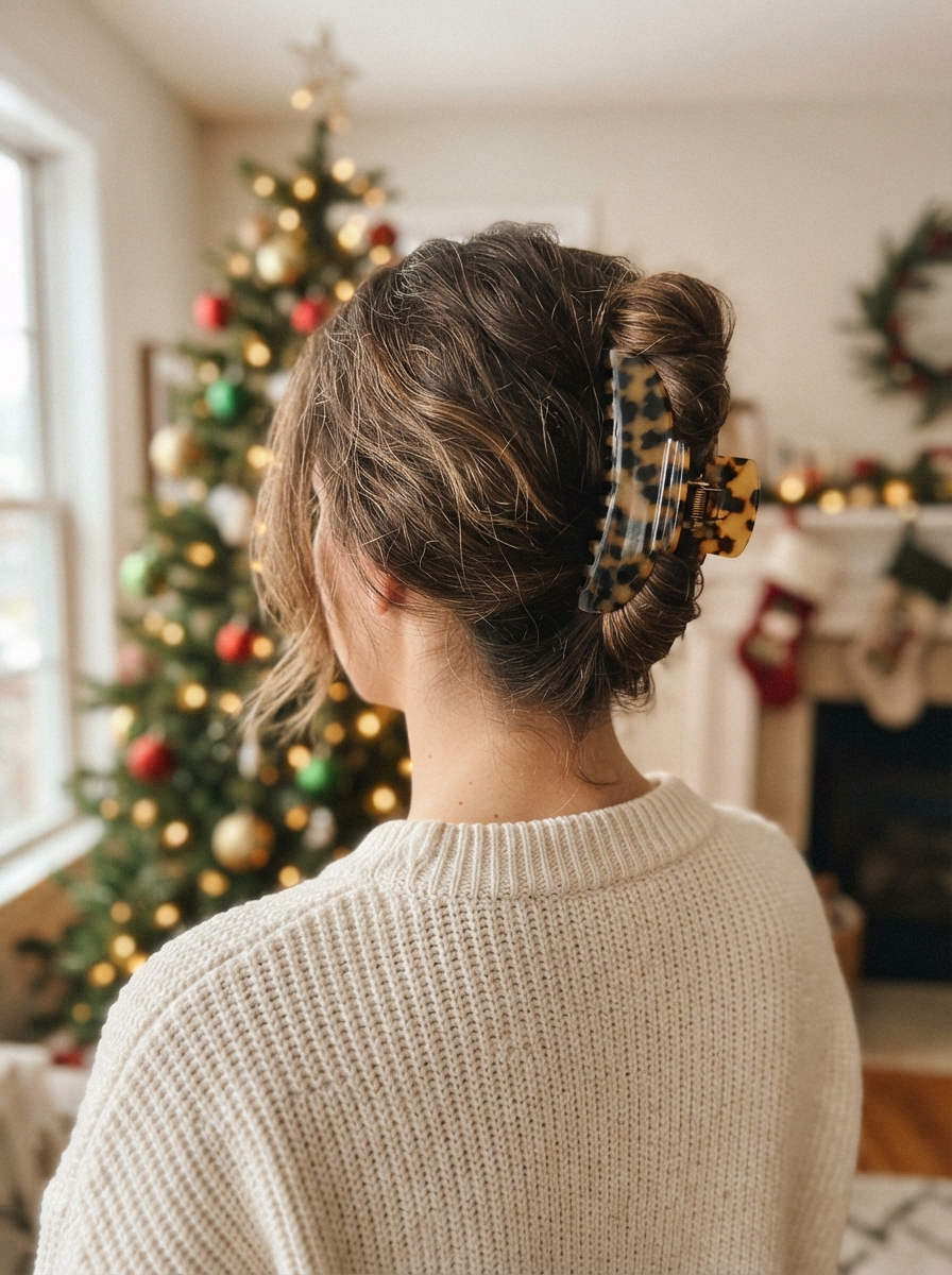Claw clip French twist Christmas hairstyle