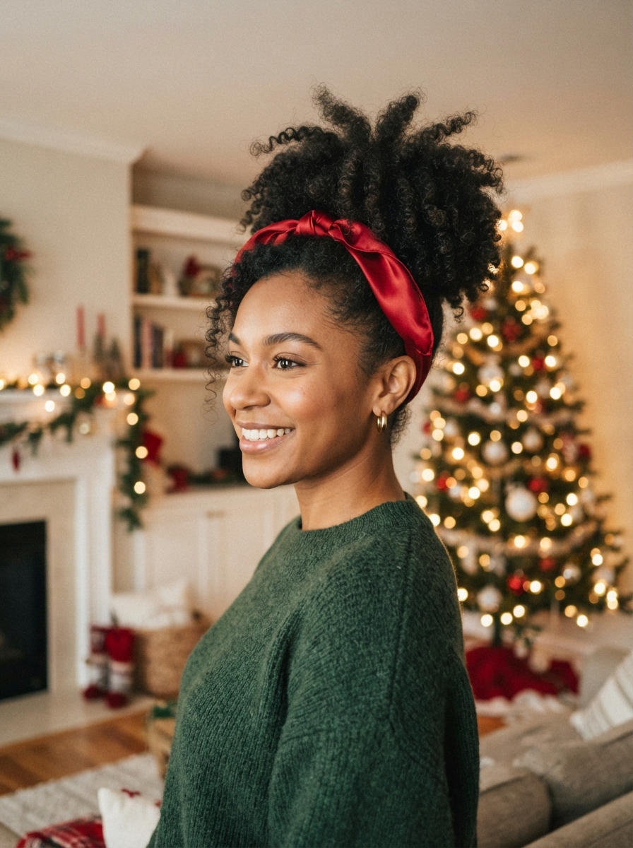 Curly high puff with a satin scarf Christmas hairstyle