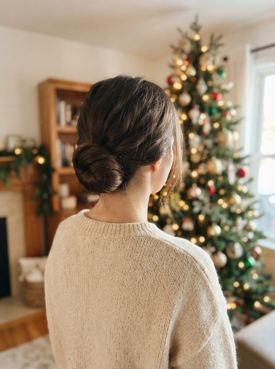 Tucked low roll Christmas hairstyle