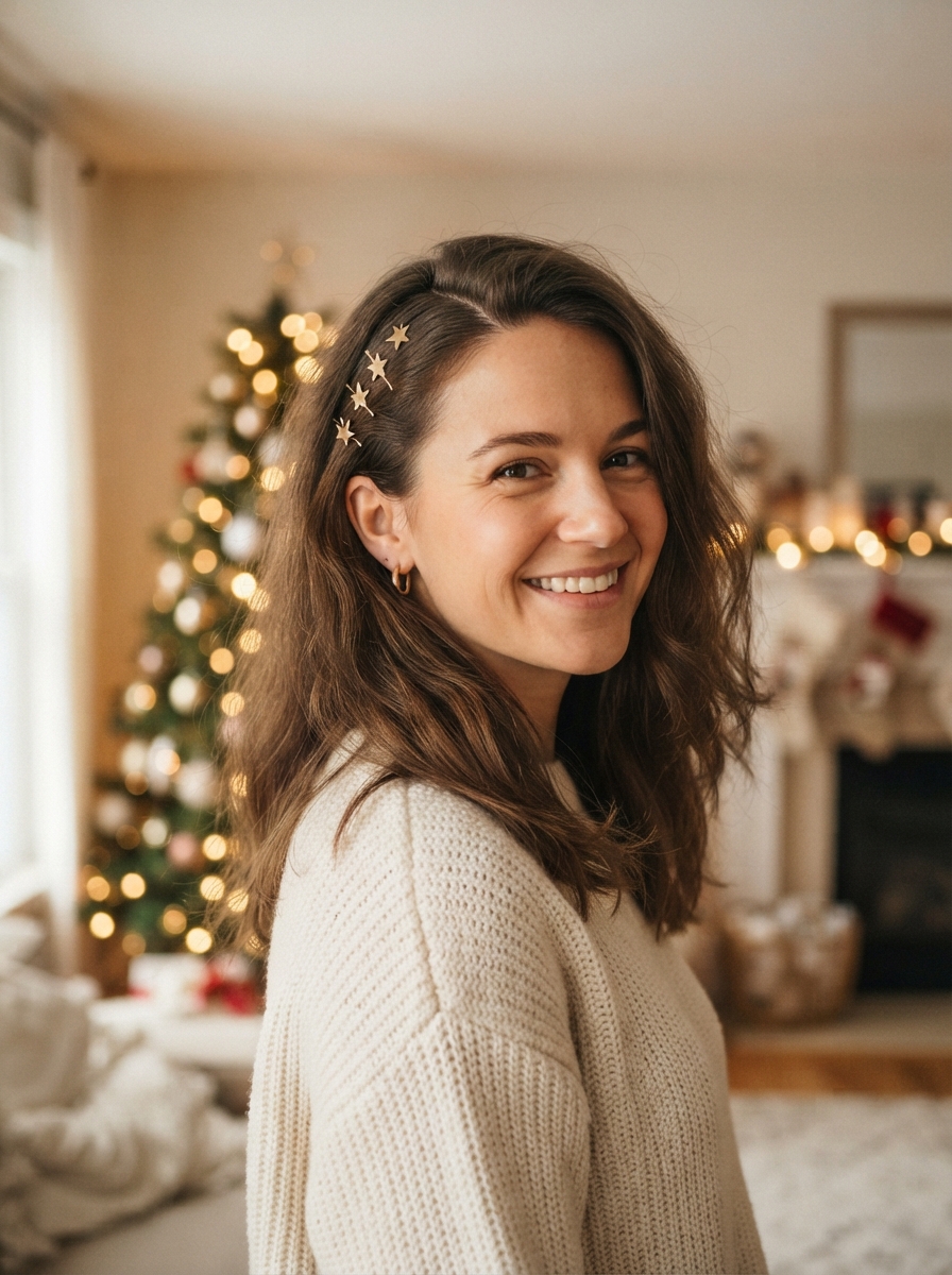 Star clips along a deep side part Christmas hairstyle