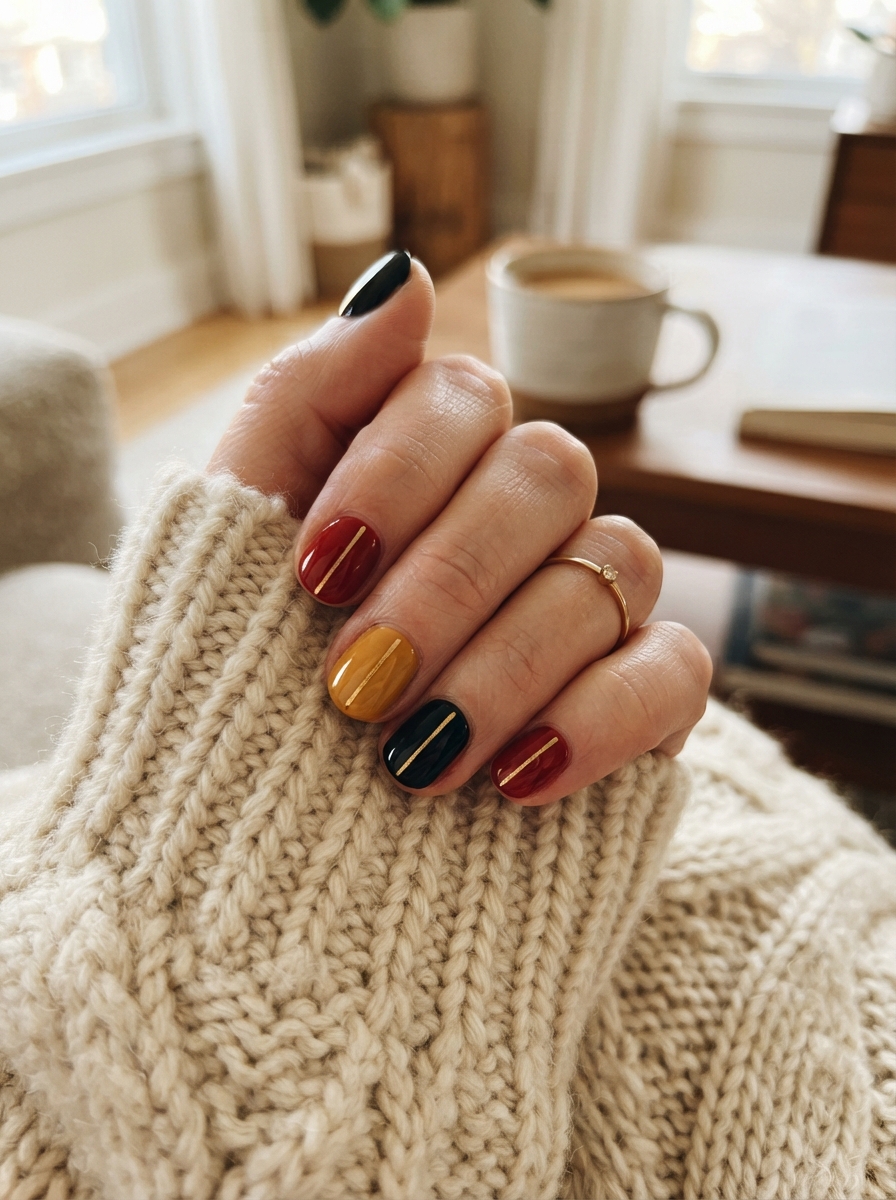 Mickey-inspired red, black and gold Christmas nails