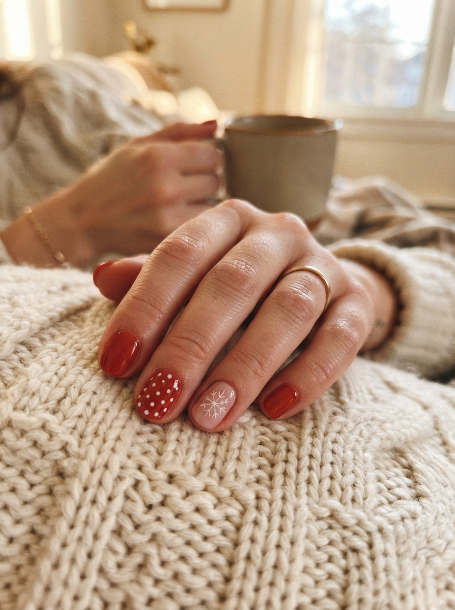 Minnie-inspired red with white dots Christmas nails