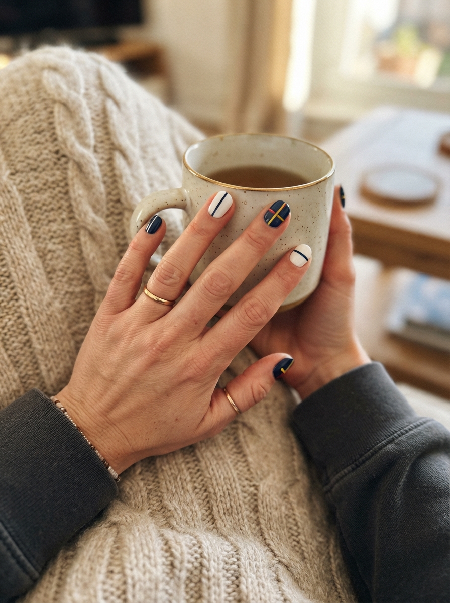 Donald-inspired navy and white Christmas nails