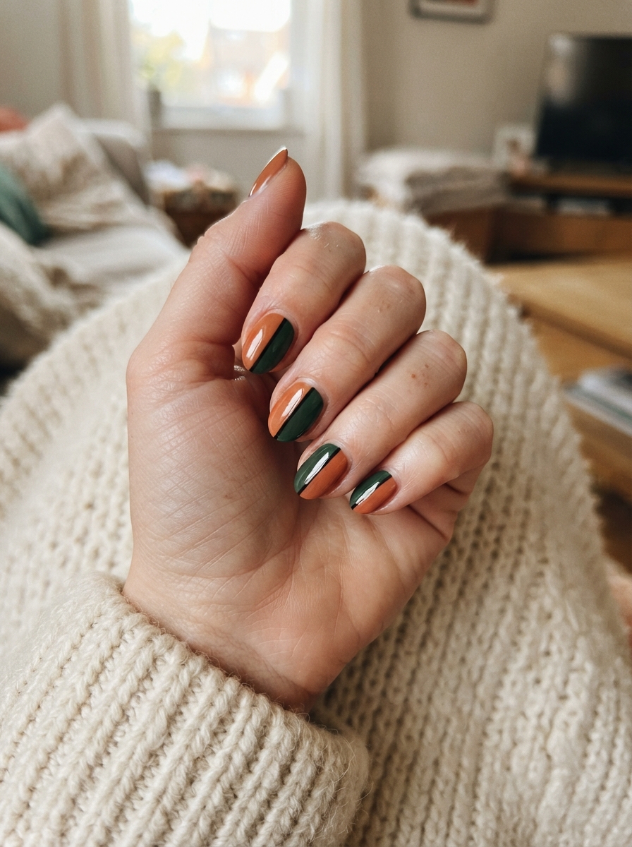 Goofy-inspired orange and green Christmas nails