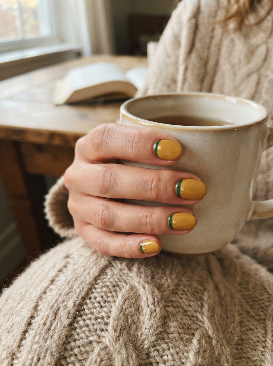 Pluto-inspired mustard and green Christmas nails
