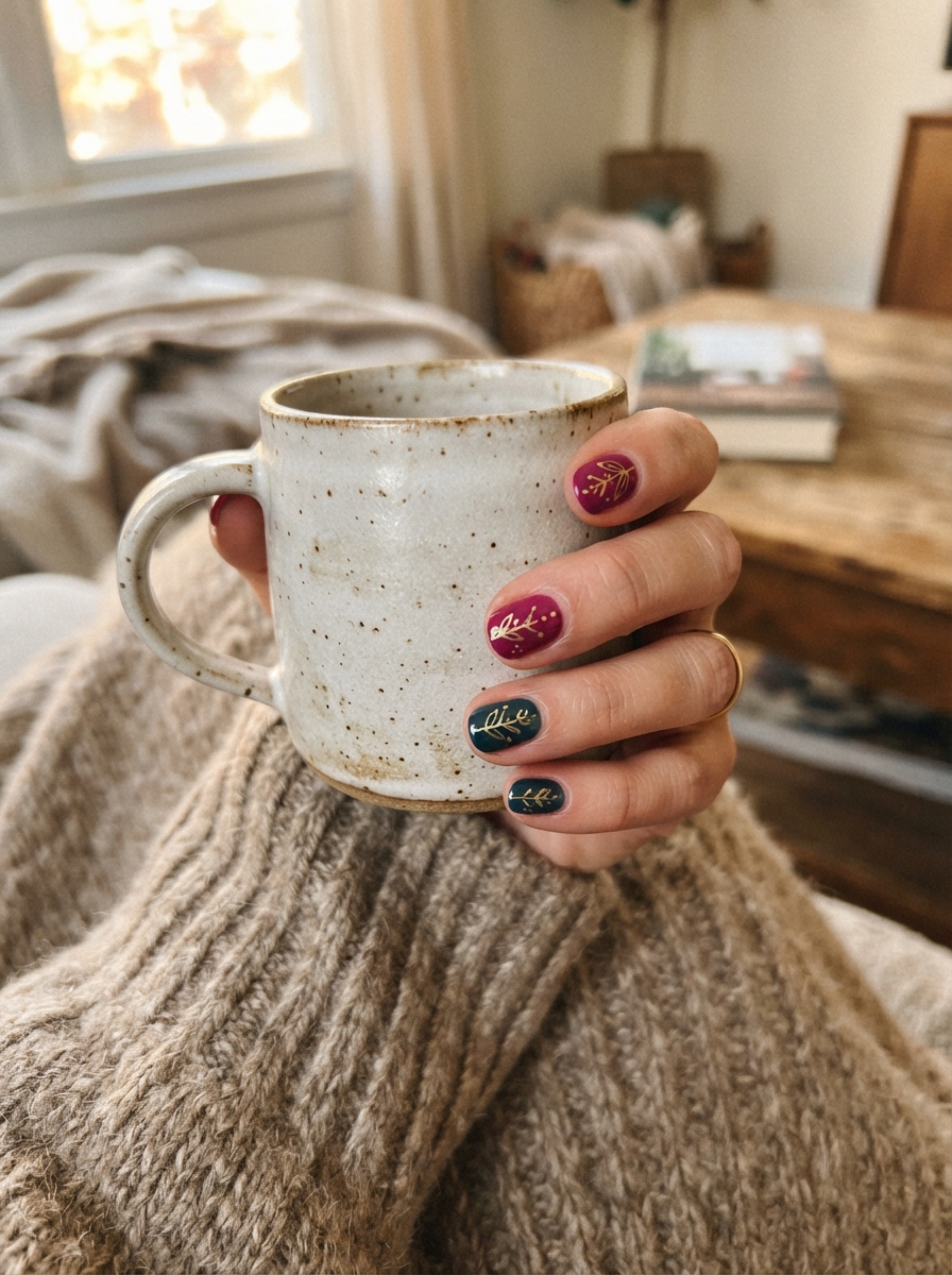 Anna-inspired magenta and teal Christmas nails