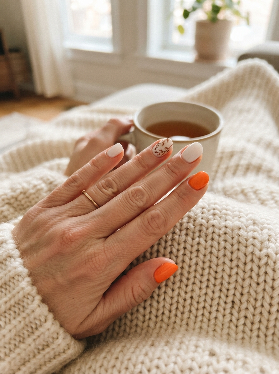 Olaf-inspired white and orange Christmas nails