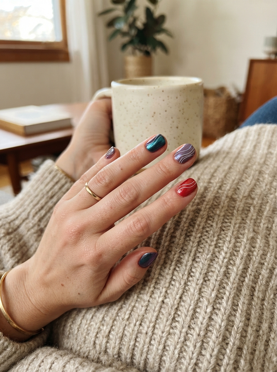 Ariel-inspired teal and purple Christmas nails