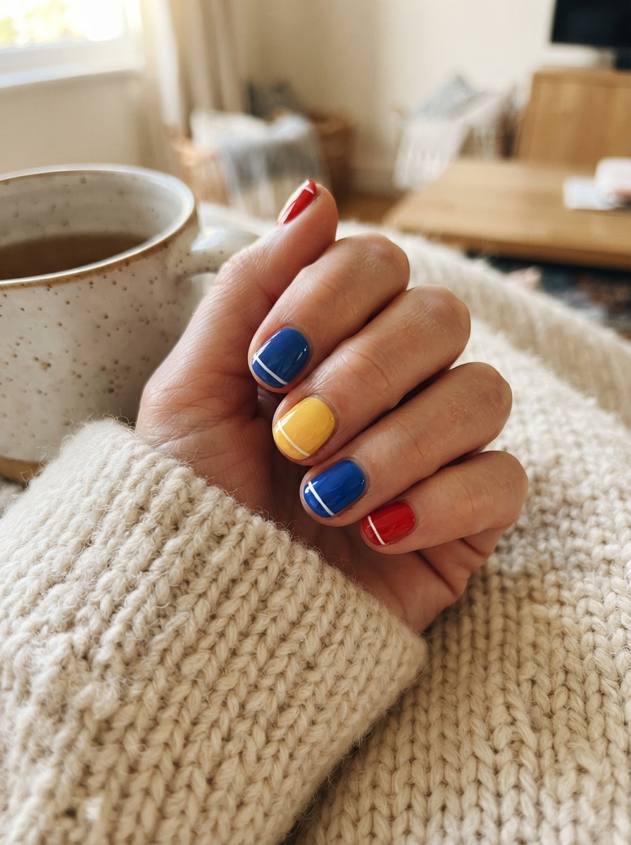 Snow White-inspired blue, yellow and red Christmas nails