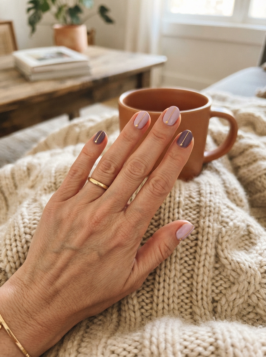 Rapunzel-inspired purple and gold Christmas nails