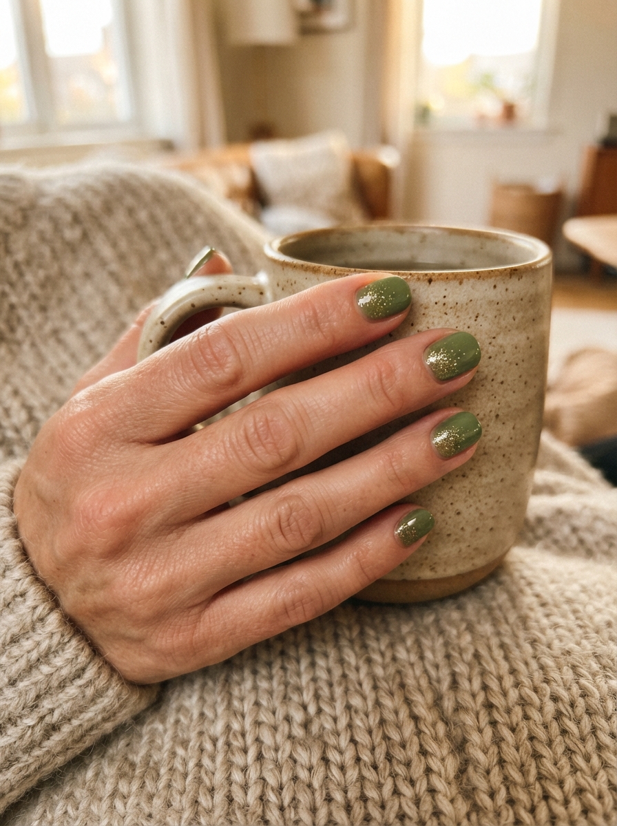 Tinker Bell-inspired green and gold dust Christmas nails