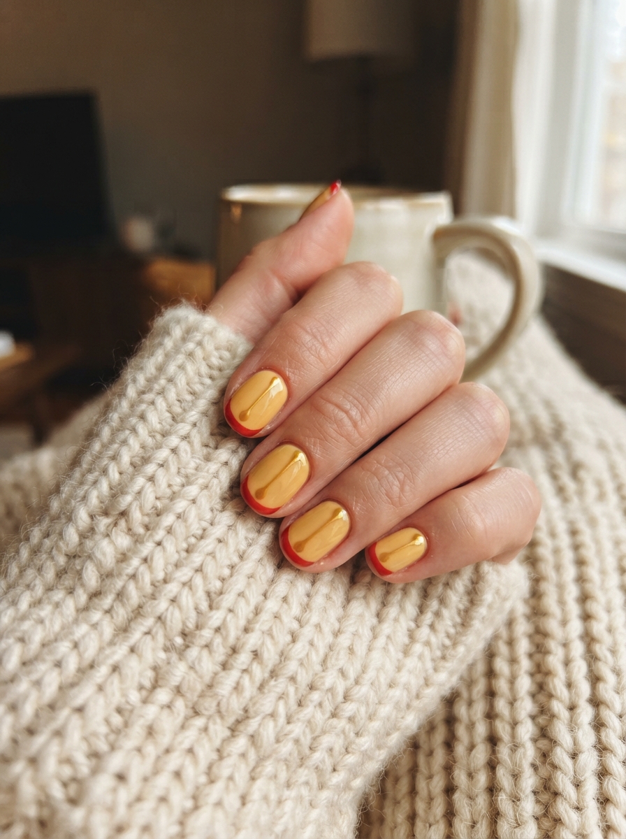 Pooh-inspired honey yellow and red Christmas nails
