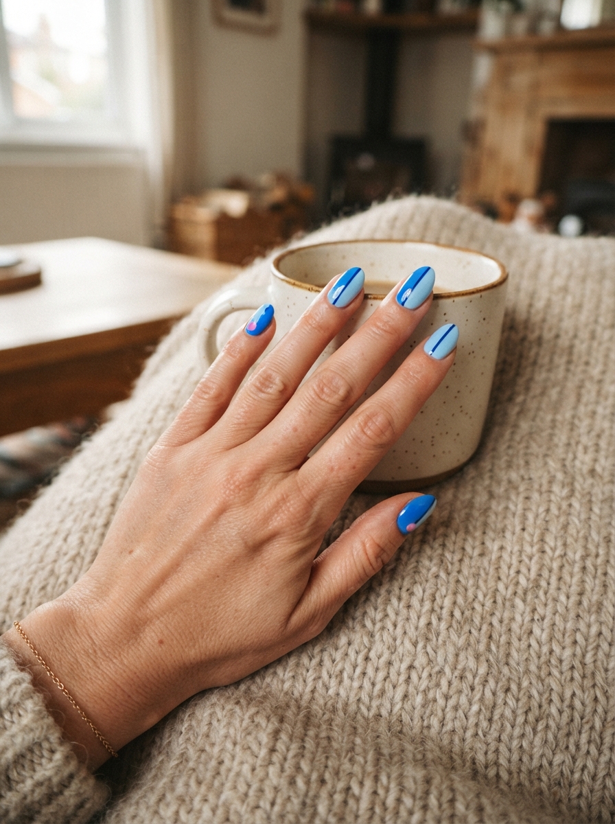 Stitch-inspired blue and pink Christmas nails