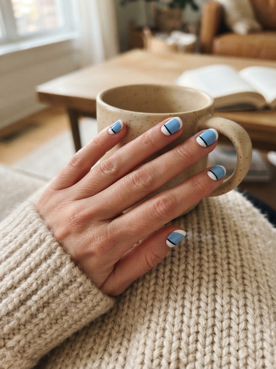Alice-inspired blue and white Christmas nails